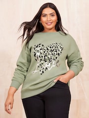 Curves Like These Khaki Green Love Heart Jersey Sweatshirt - Image 1 of 4