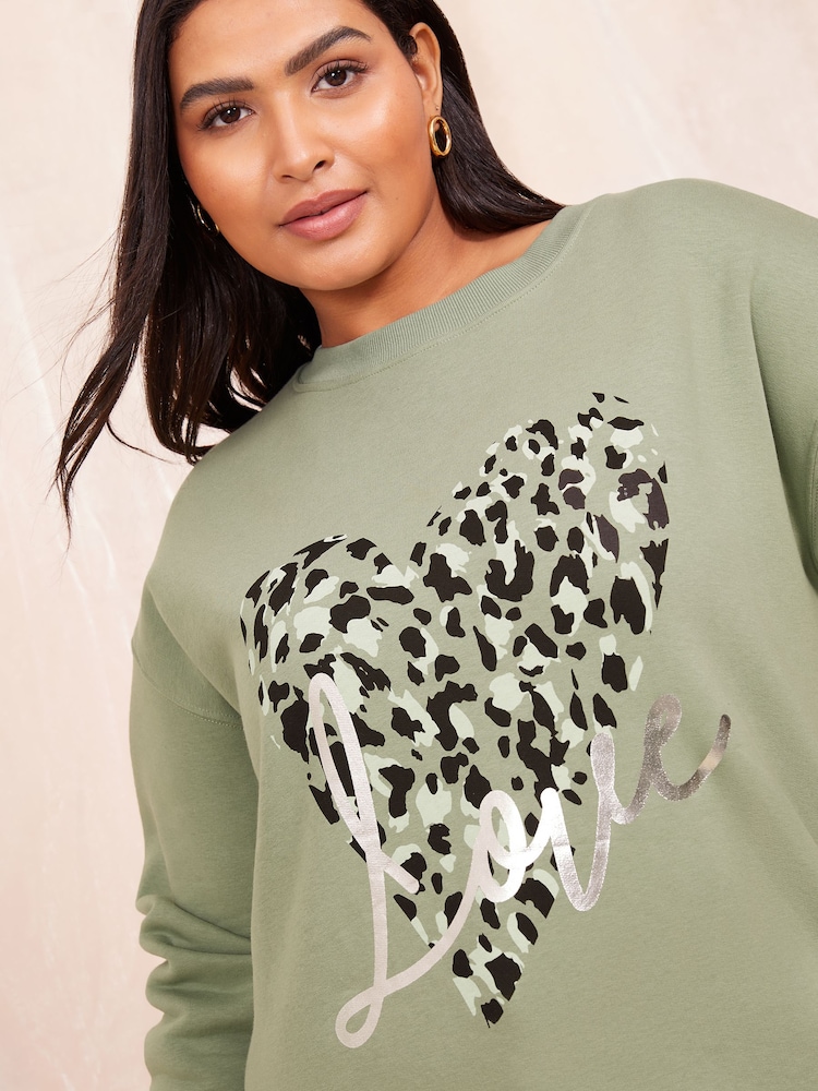 Curves Like These Khaki Green Love Heart Jersey Sweatshirt - Image 4 of 4