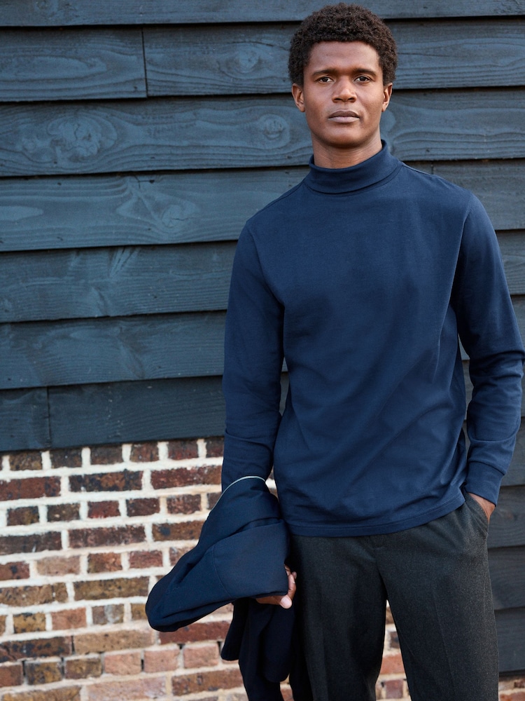 Navy Blue Roll Neck Essential Long Sleeve 100% Cotton T-Shirt - Image 1 of 8