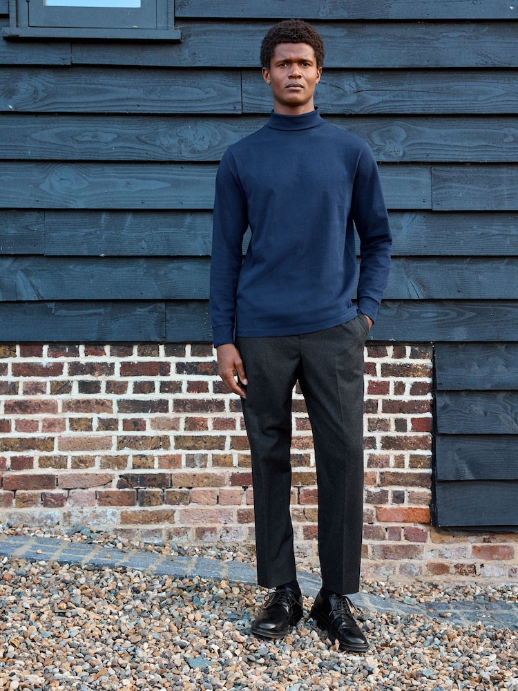Navy Blue Roll Neck Essential Long Sleeve 100% Cotton T-Shirt - Image 2 of 8