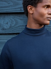 Navy Blue Roll Neck Essential Long Sleeve 100% Cotton T-Shirt - Image 5 of 8