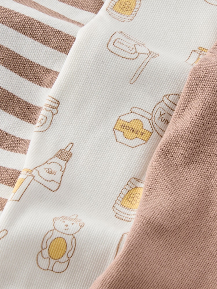 Cotton On Brown Long Sleeve Rib Sleepsuits 3 Pack - Image 2 of 2