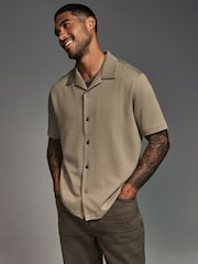 Neutral Stone Relaxed Fit Smart Cuban Collar Jersey Shirt - Image 1 of 7