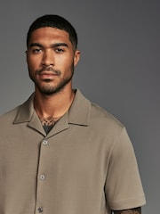 Neutral Stone Relaxed Fit Smart Cuban Collar Jersey Shirt - Image 4 of 7