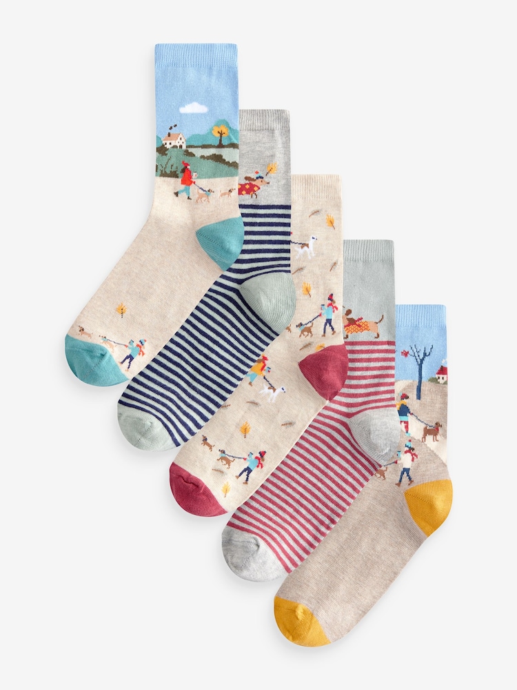 Dog Walking Scene Ankle Socks 5 Pack - Image 1 of 8 Dog Walking Scene Ankle Socks 5 Pack - Image 1 of 8