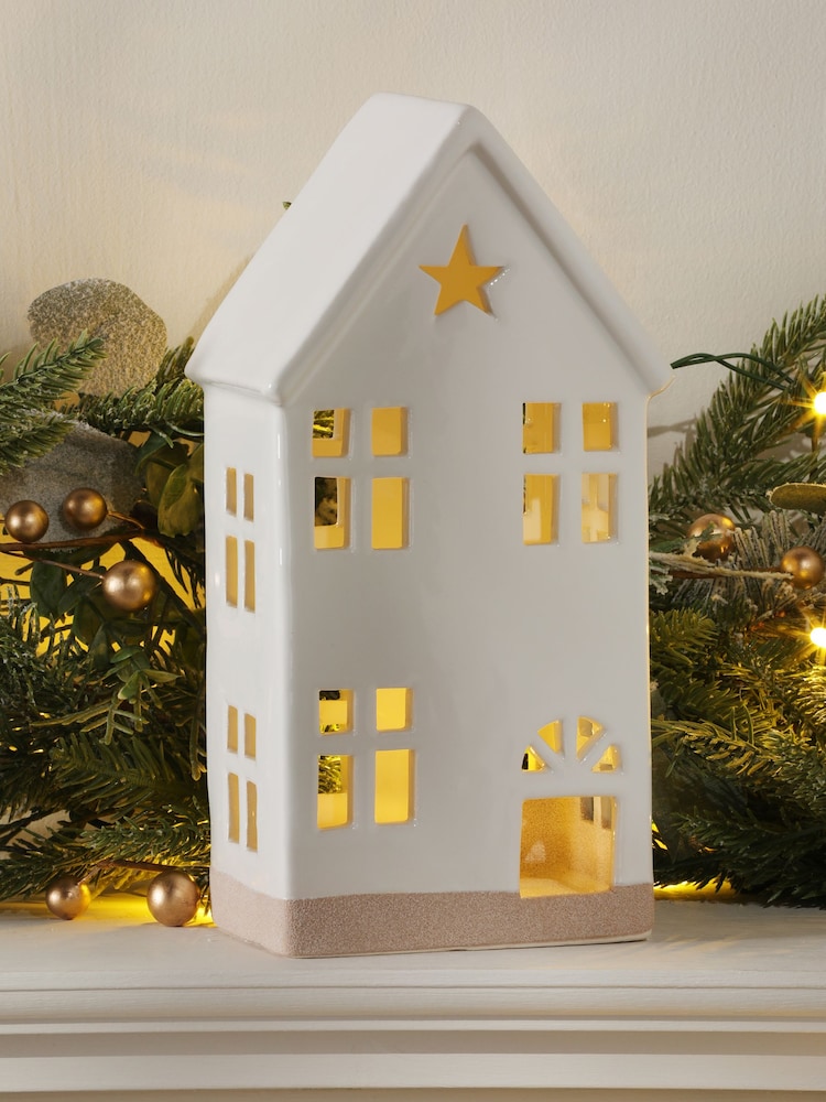 Laura Ashley White Light Up Ceramic House  Christmas Decoration - Image 1 of 5