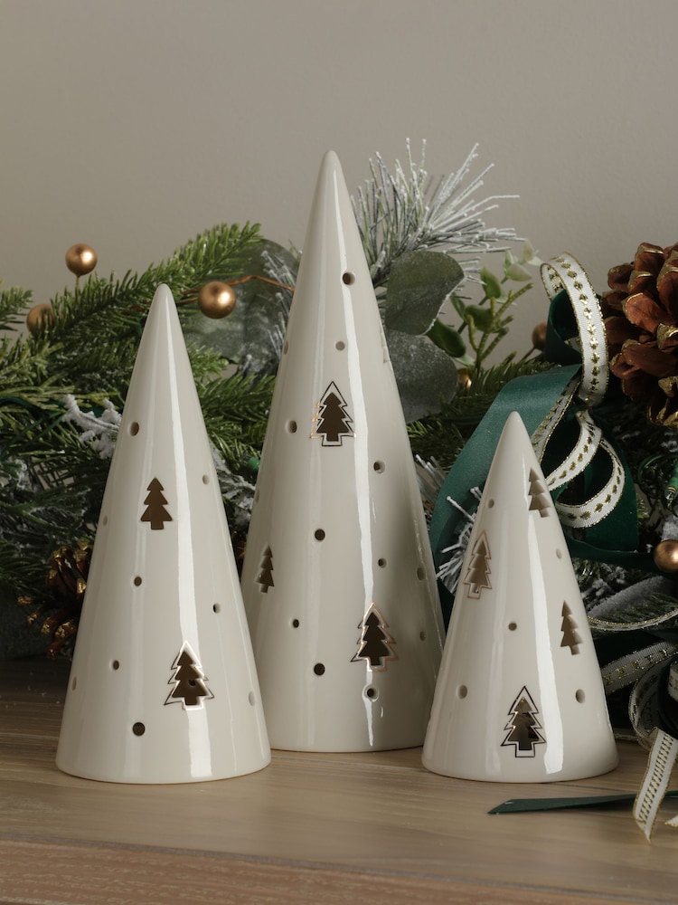 Laura Ashley Set of 3 White Lit Ceramic Christmas Tree Ornament - Image 2 of 5