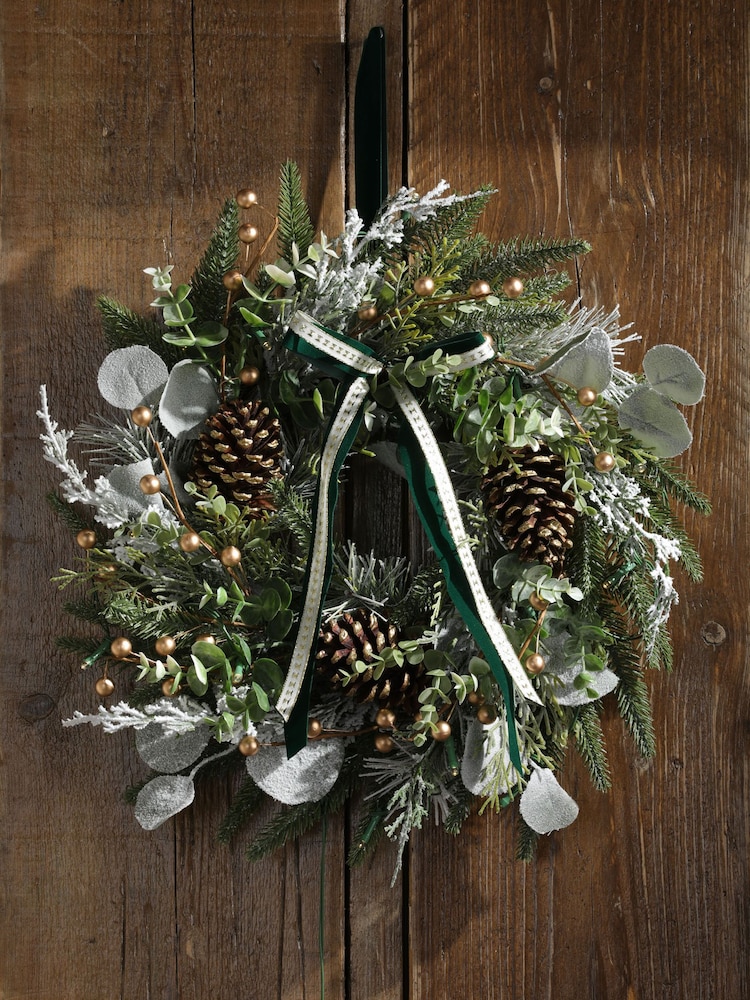 Laura Ashley Green Pre Lit Frosted Wreath With Bow - Image 2 of 5