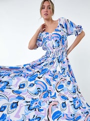 Dusk Blue Shirred Waist Abstract Print Maxi Dress - Image 1 of 5