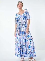 Dusk Blue Shirred Waist Abstract Print Maxi Dress - Image 2 of 5