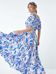 Dusk Blue Shirred Waist Abstract Print Maxi Dress - Image 3 of 5