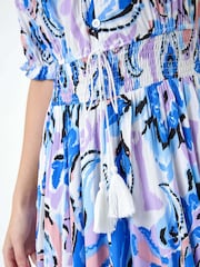 Dusk Blue Shirred Waist Abstract Print Maxi Dress - Image 5 of 5