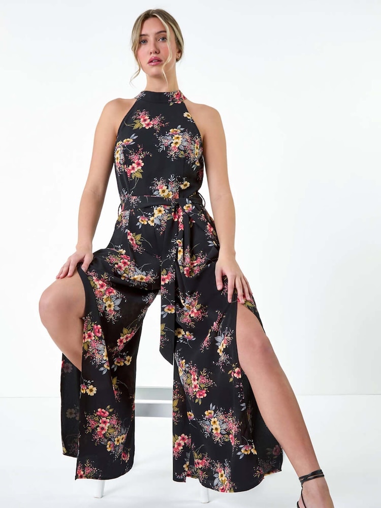 Dusk Black Floral Halter Neck Side Split Jumpsuit - Image 1 of 5