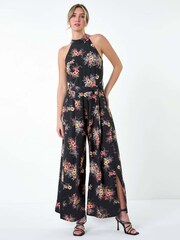 Dusk Black Floral Halter Neck Side Split Jumpsuit - Image 2 of 5