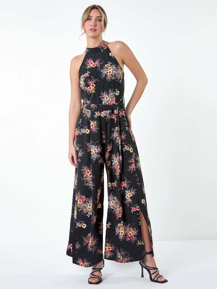 Dusk Black Floral Halter Neck Side Split Jumpsuit - Image 2 of 5
