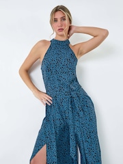 Dusk Blue Spot Halter Neck Side Split Jumpsuit - Image 1 of 5