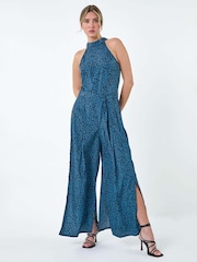 Dusk Blue Spot Halter Neck Side Split Jumpsuit - Image 2 of 5