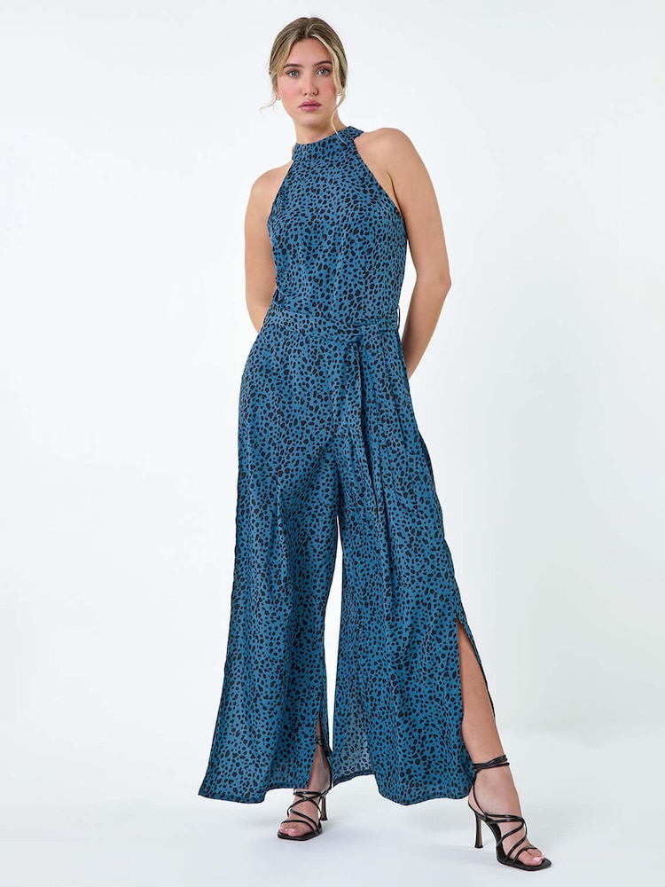 Dusk Blue Spot Halter Neck Side Split Jumpsuit - Image 2 of 5