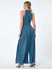 Dusk Blue Spot Halter Neck Side Split Jumpsuit - Image 3 of 5