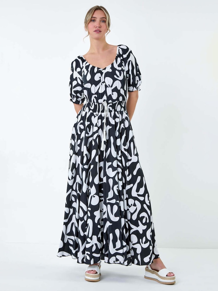 Dusk Black Shirred Waist Abstract Print Maxi Dress - Image 2 of 5