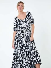 Dusk Black Shirred Waist Abstract Print Maxi Dress - Image 4 of 5