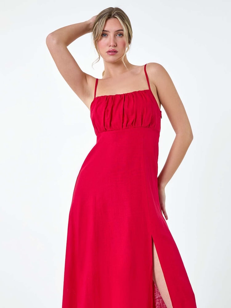 Dusk Red Ruched Linen Blend Midi Dress - Image 1 of 5