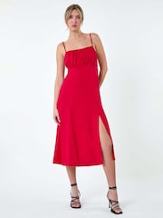 Dusk Red Ruched Linen Blend Midi Dress - Image 2 of 5