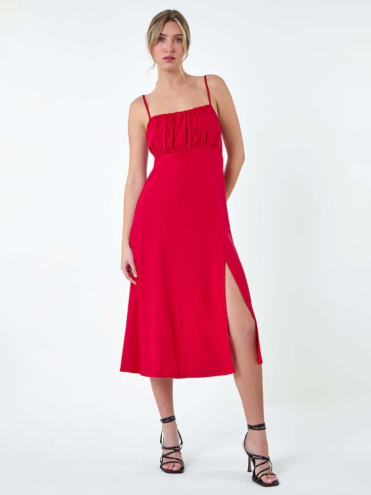 Dusk Red Ruched Linen Blend Midi Dress - Image 2 of 5