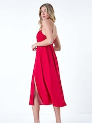 Dusk Red Ruched Linen Blend Midi Dress - Image 3 of 5