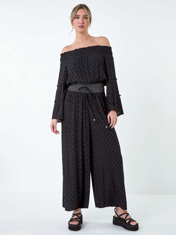 Dusk Black Shimmer Stretch Shirrred Wide Leg Trousers - Image 1 of 5