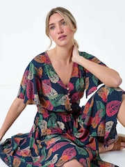 Dusk Blue Leaf Print Button Detail Dress - Image 1 of 5