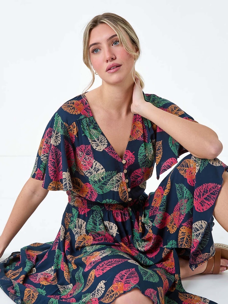 Dusk Blue Leaf Print Button Detail Dress - Image 1 of 5