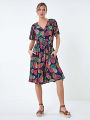 Dusk Blue Leaf Print Button Detail Dress - Image 2 of 5