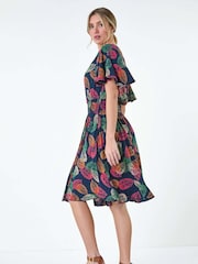 Dusk Blue Leaf Print Button Detail Dress - Image 3 of 5