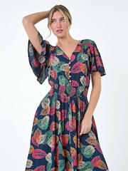 Dusk Blue Leaf Print Button Detail Dress - Image 4 of 5