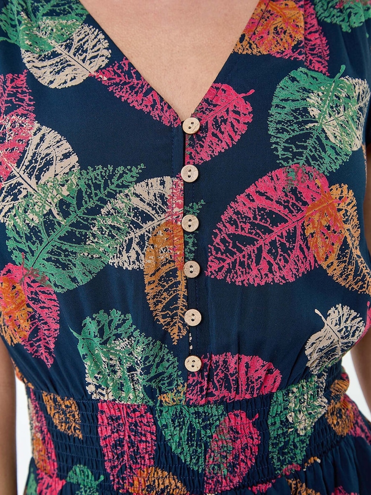Dusk Blue Leaf Print Button Detail Dress - Image 5 of 5