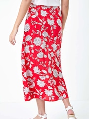 Dusk Red Floral Button Detail Midi Skirt - Image 4 of 5