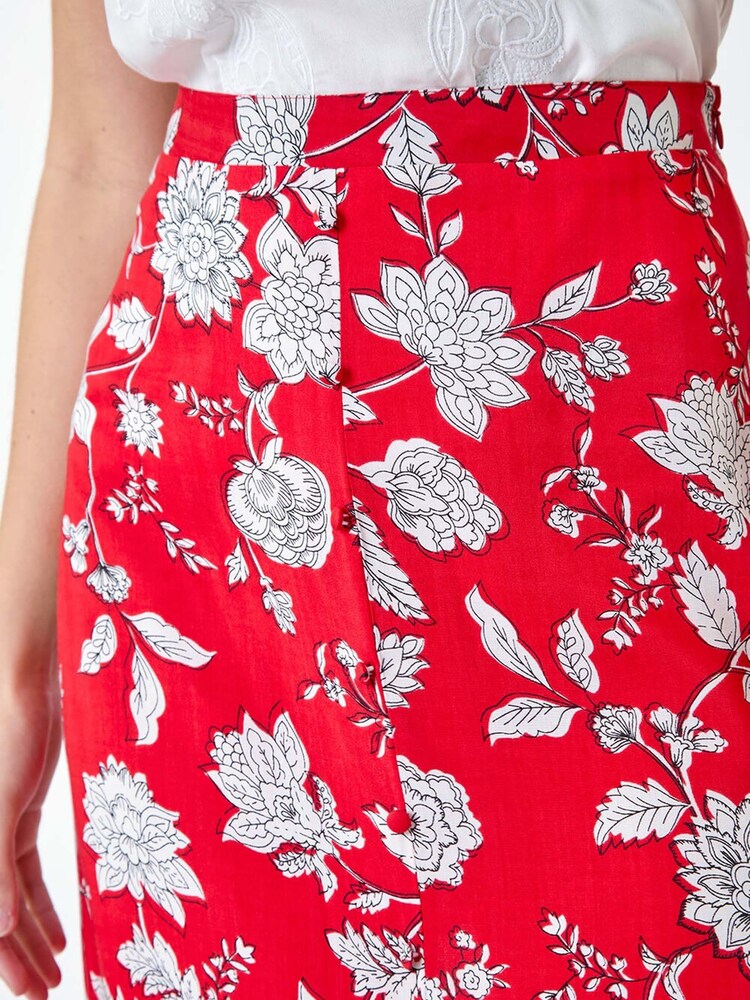Dusk Red Floral Button Detail Midi Skirt - Image 5 of 5