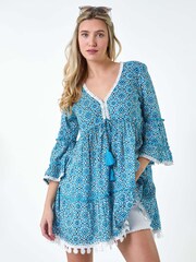 Dusk Blue Lace Trim Longline Tassel 100% Cotton Top - Image 1 of 5