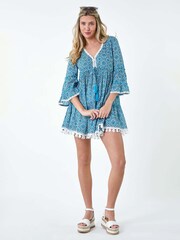 Dusk Blue Lace Trim Longline Tassel 100% Cotton Top - Image 2 of 5