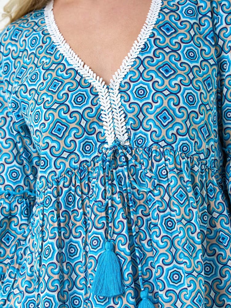 Dusk Blue Lace Trim Longline Tassel 100% Cotton Top - Image 5 of 5