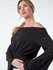 Dusk Black Shimmer Foil Textured Bardot Top - Image 1 of 5