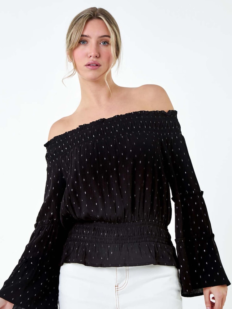 Dusk Black Shimmer Foil Textured Bardot Top - Image 4 of 5
