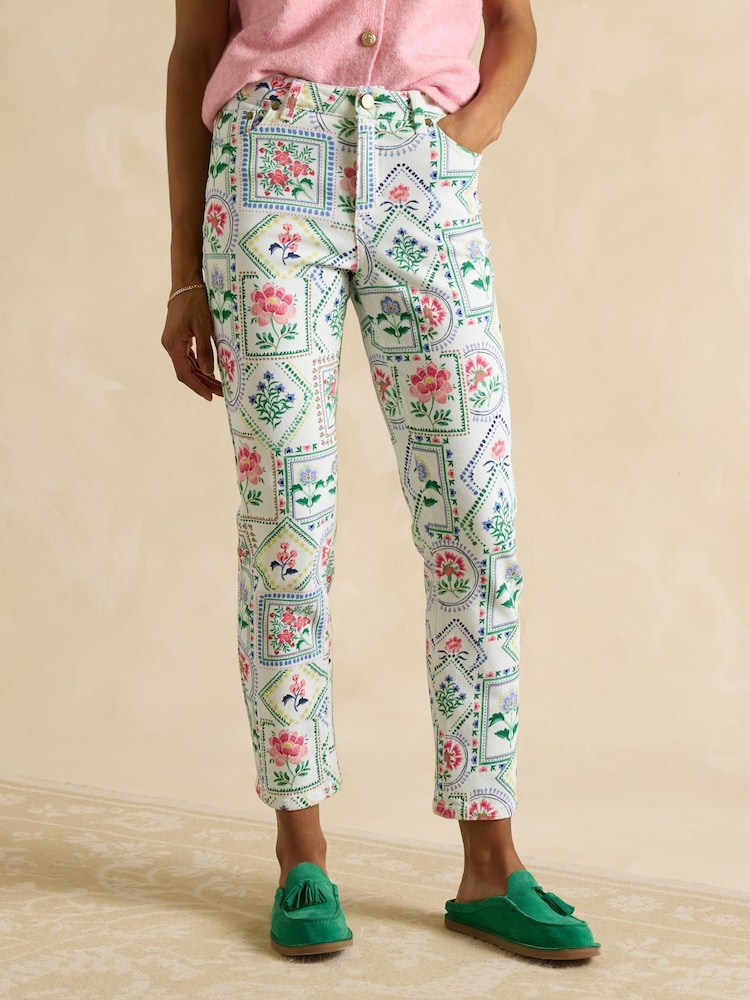 Joules Cream Tile Print Straight Fit Mid Rise Jeans - Image 1 of 7