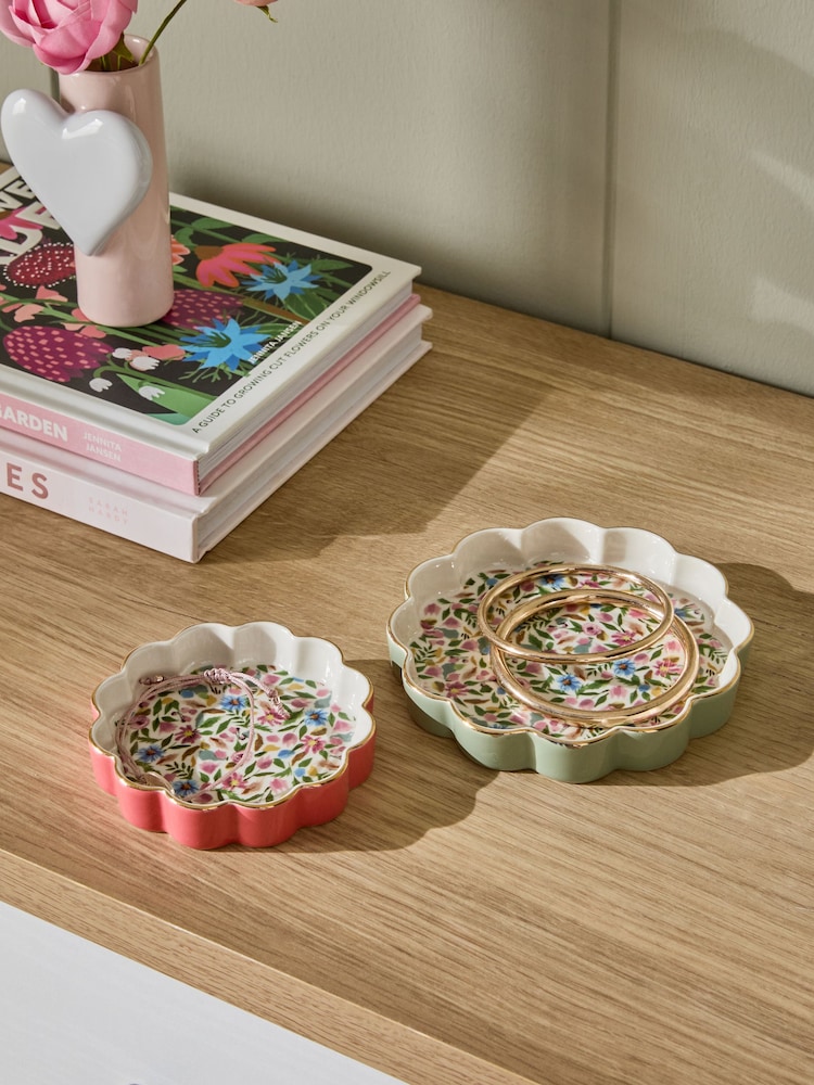 Set of 2 Pink Ceramic Floral Trinkets - Image 1 of 3