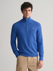 GANT Blue Structured 100% Organic Cotton Quarter Zip Sweater - Image 1 of 5