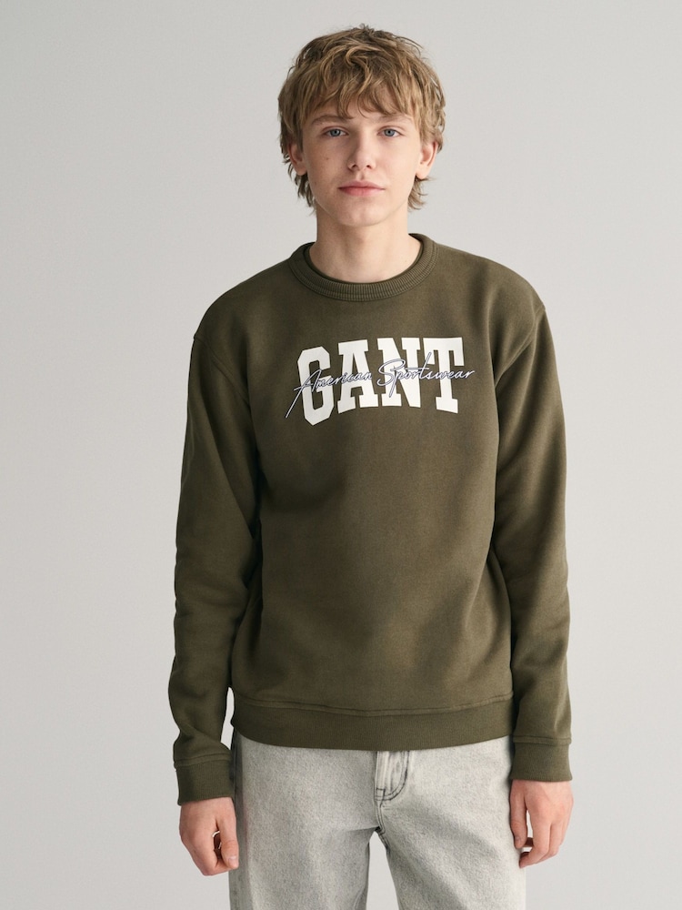 GANT Green Teens Arch Script Crew Neck 100% Cotton Sweatshirt - Image 1 of 4
