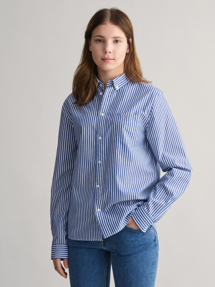 GANT Blue Teens Shield Striped Poplin 100% Cotton Shirt - Image 1 of 4