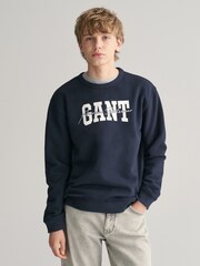 GANT Blue Teens Arch Script Crew Neck 100% Cotton Sweatshirt - Image 1 of 4
