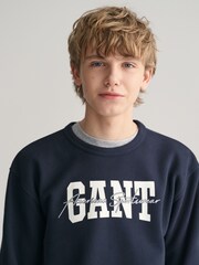 GANT Blue Teens Arch Script Crew Neck 100% Cotton Sweatshirt - Image 3 of 4